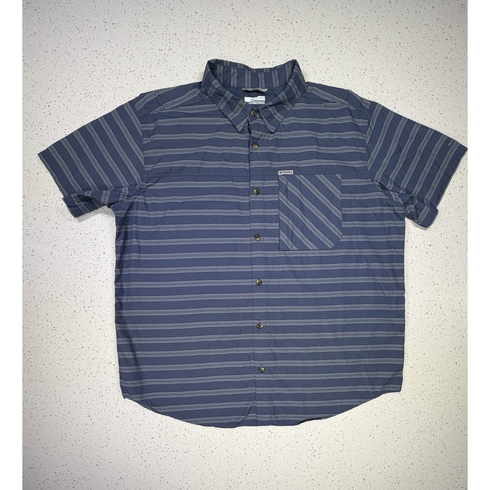 Columbia Men's Omni-Shade Striped Button-Up Shirt Blue Gray Short Sleeve XL
